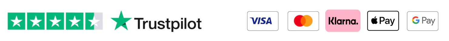 Trustpilot rating and accepted payments: Visa, Mastercard, Klarna, Apple Pay, Google Pay